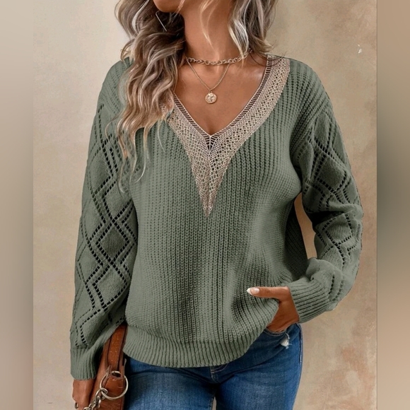 NEW Boho Lace Trim V Neck Open Pointelle Knit Sweater Top Light Green Tan - Picture 2 of 7